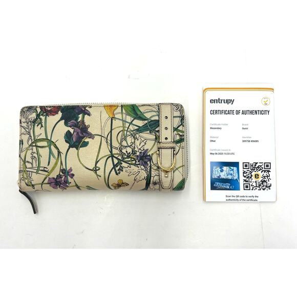 Gucci Off White Floral Print Leather Continental Zip Around Wallet-COA Included - Picture 2 of 12